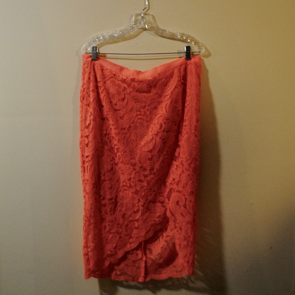 Bisou Bisou Orange Lace Bodycon Skirt - Size 16